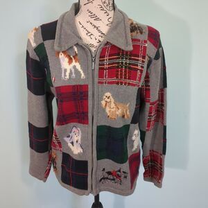 Vintage Claire Murray Sweater Cardigan dogs Scotty poodle small plaid